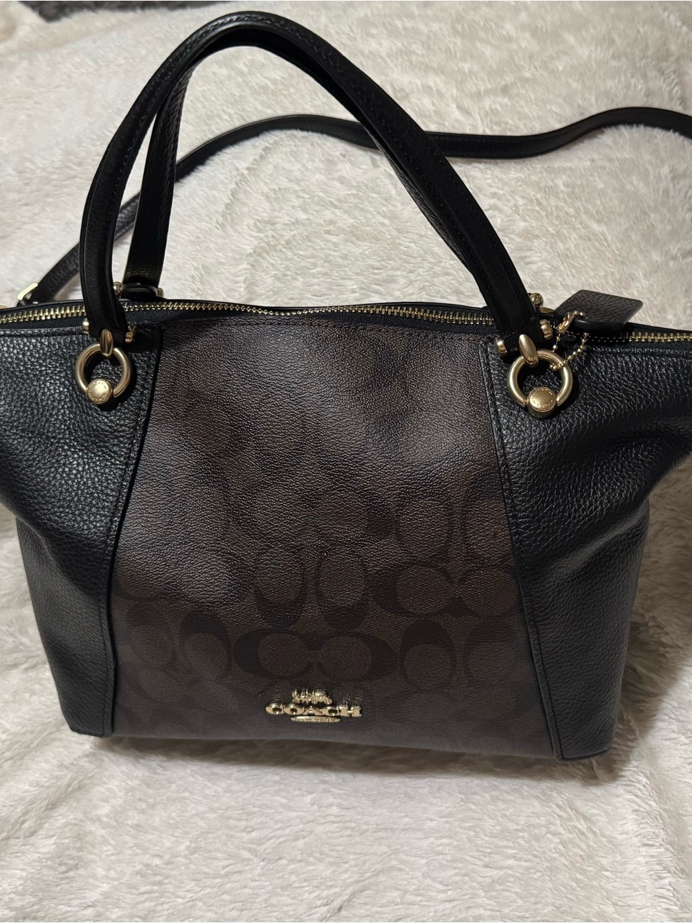 Coach Brown Signature Kacey Canvas Satchel with Black Leather Trim